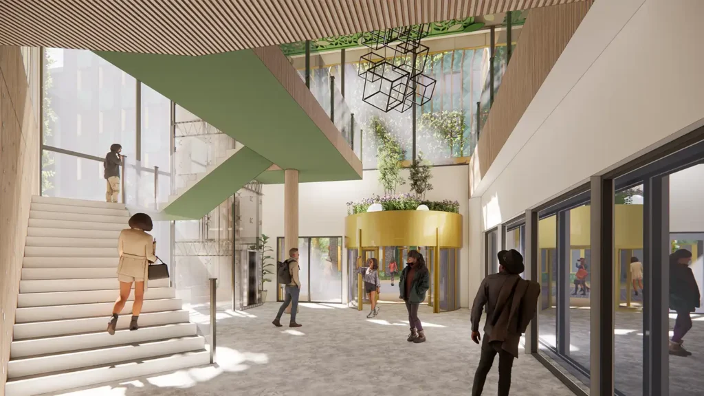 Nya entrétorg på plan 1, med entré mot nya högskolan.