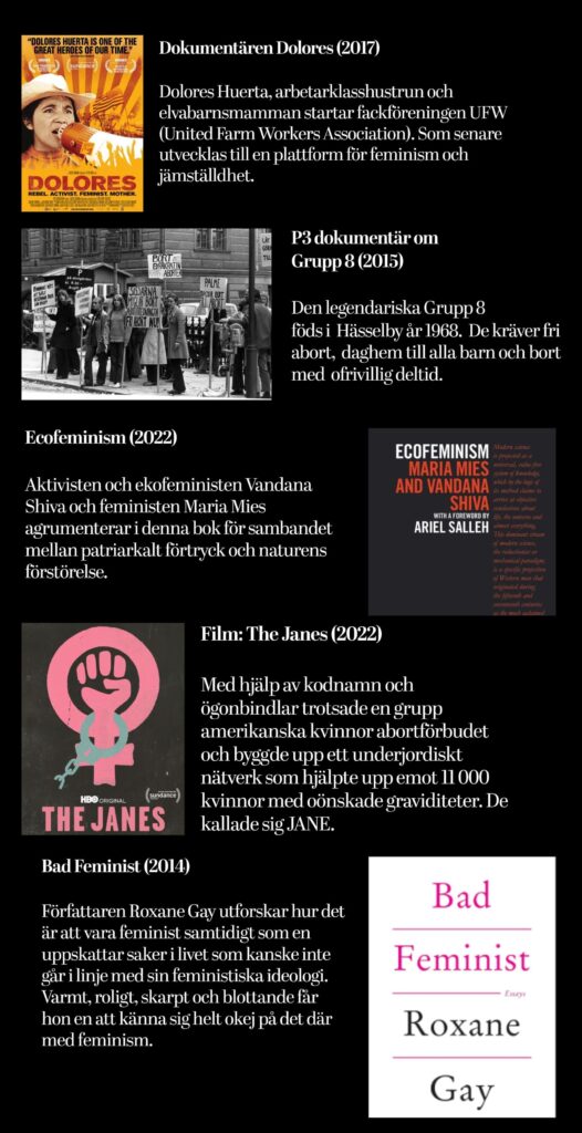 Collage av bokomslag och filmaffischer om feminism, bland annat av Roxane Gay och Vandana Shiva.