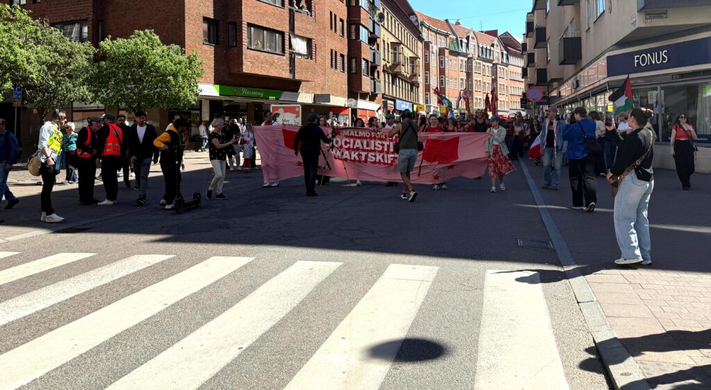 Demonstranter bär ett stort rosa tygvepor längs en solig stadsgata kantad av tegelhus.