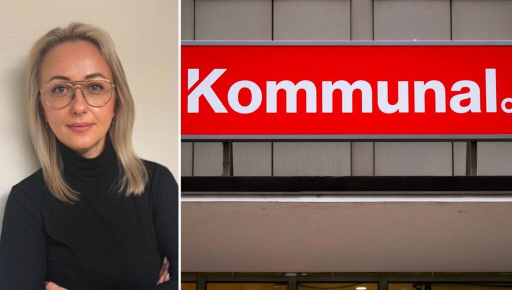 Kollage med en kvinna i glasögon bredvid fackförbundet Kommunals rödvita skylt.