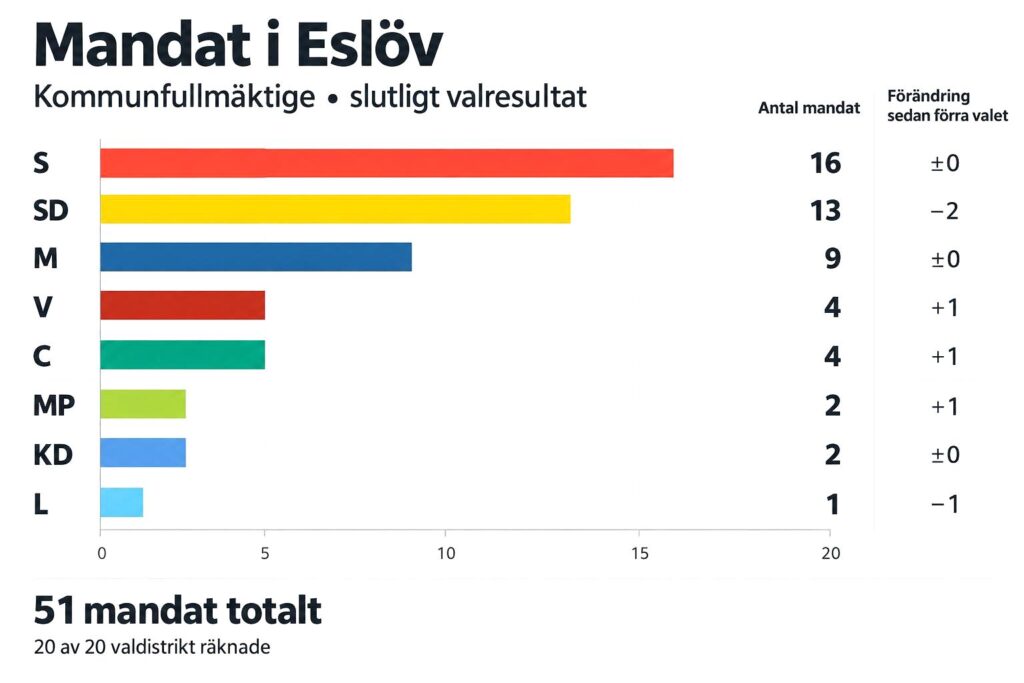Stapeldiagram över mandatfördelningen i Eslövs kommunfullmäktige med Socialdemokraterna som största parti.